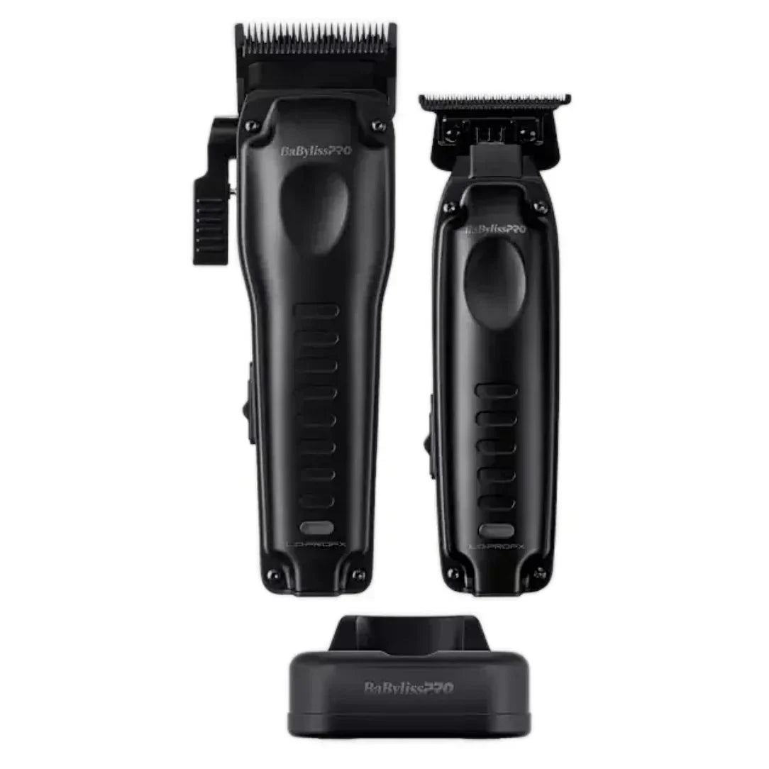 BaBylissPRO Lo-ProFX black clipper and trimmer with charging base on a white background
