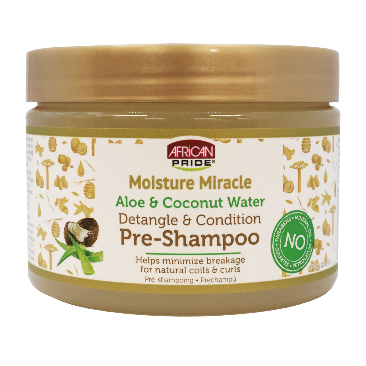 African Pride Moisture Miracle Aloe and Coconut Water Pre-Shampoo 12 oz jar with gold lid on a white background