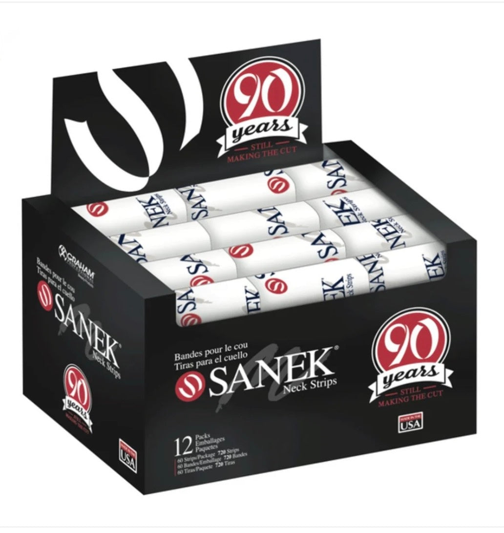 Sanek 12-pack box of barber neck strips on a white background
