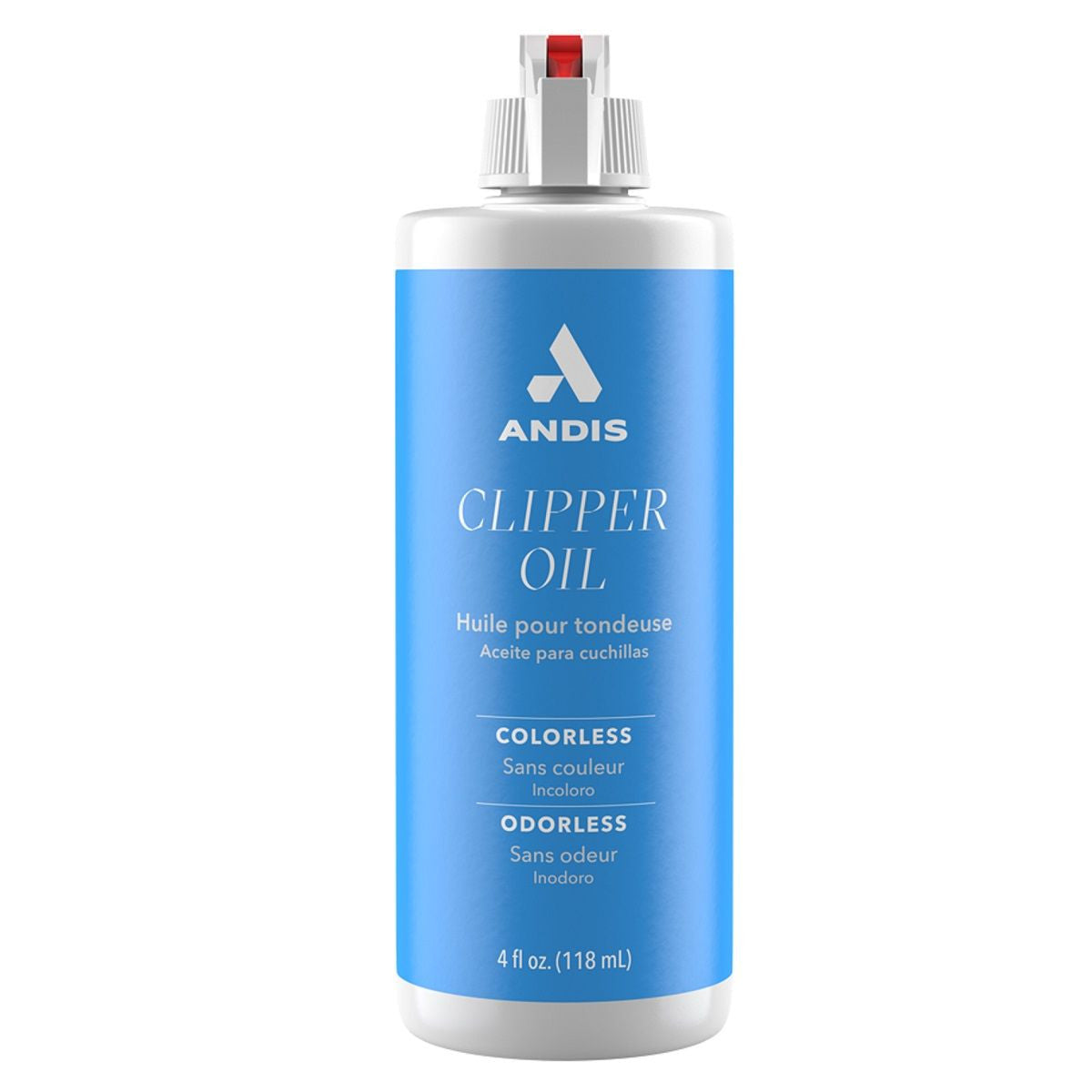 Andis Clipper Oil bottle with blue label on a white background