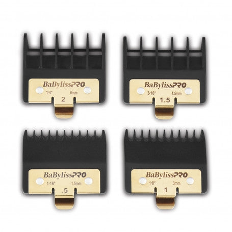BaBylissPRO Premium Trimmer Guard Set FXPTG, four black trimmer guards with gold metal clips in sizes .5, 1, 1.5 and 2 on a white background
