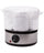 Fantasea towel steamer with clear lid holding rolled white towels on a stainless steel base, on a white background