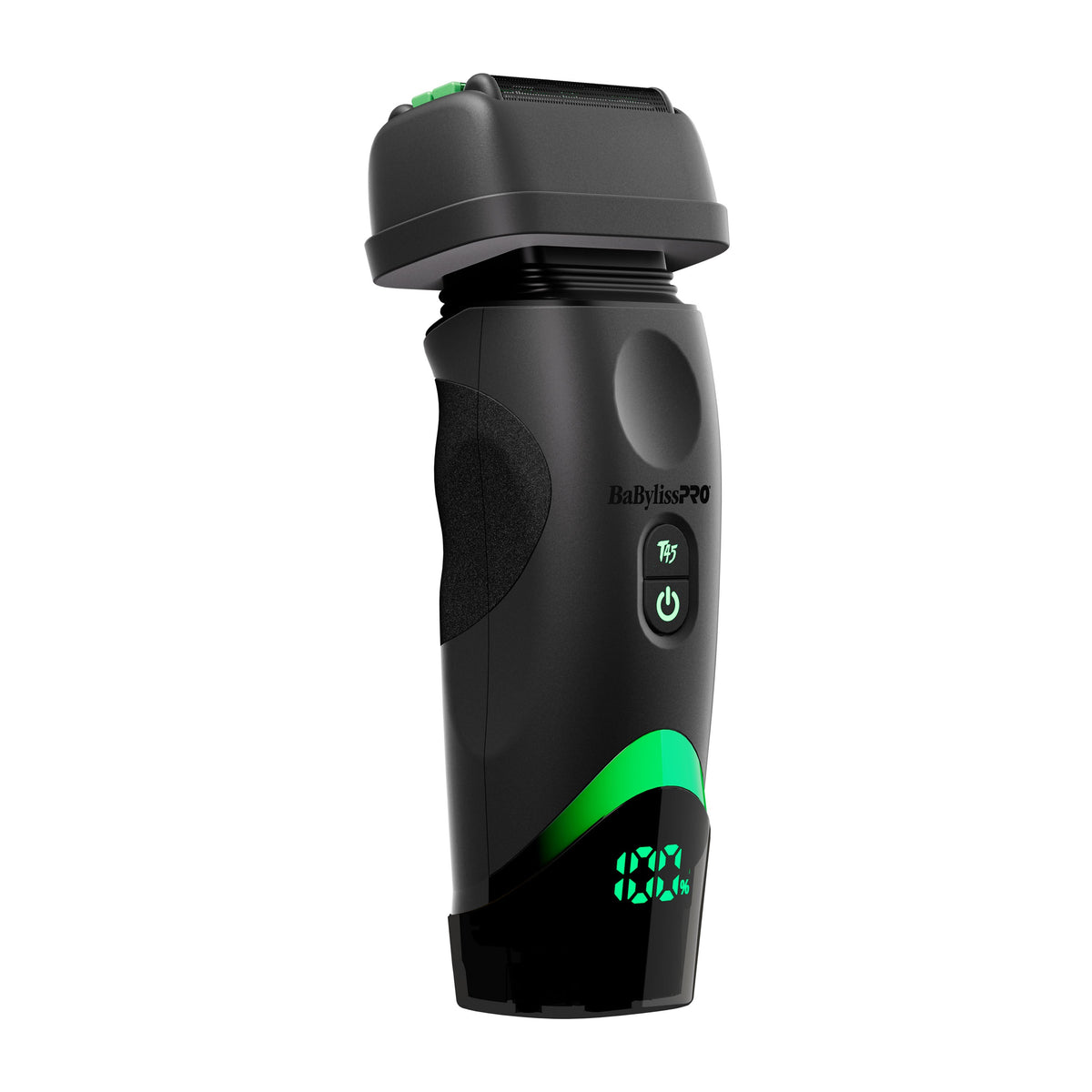 BaBylissPRO x Tomb45 FXT45FS double-foil shaver, angled view with green accents