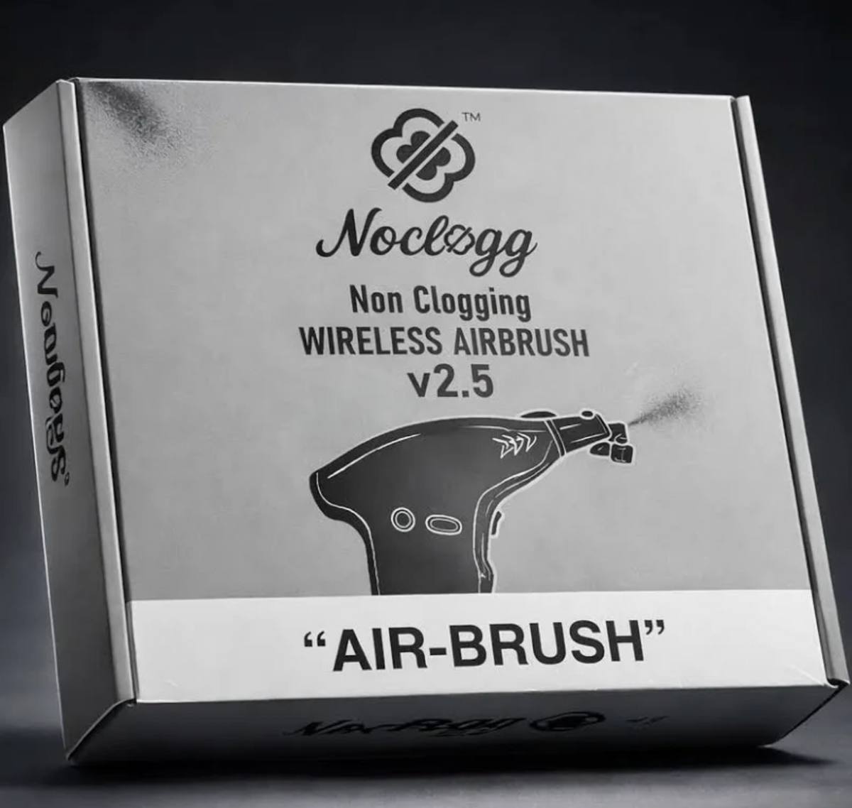 NoClogg Non-Clogging Wireless Airbrush v2.5 retail box, gray "AIR-BRUSH" packaging