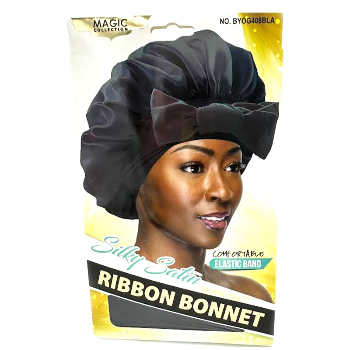 Magic Collection Silky Satin Ribbon Bonnet in black with bow and comfortable elastic band, retail card No. BYOG408BLA