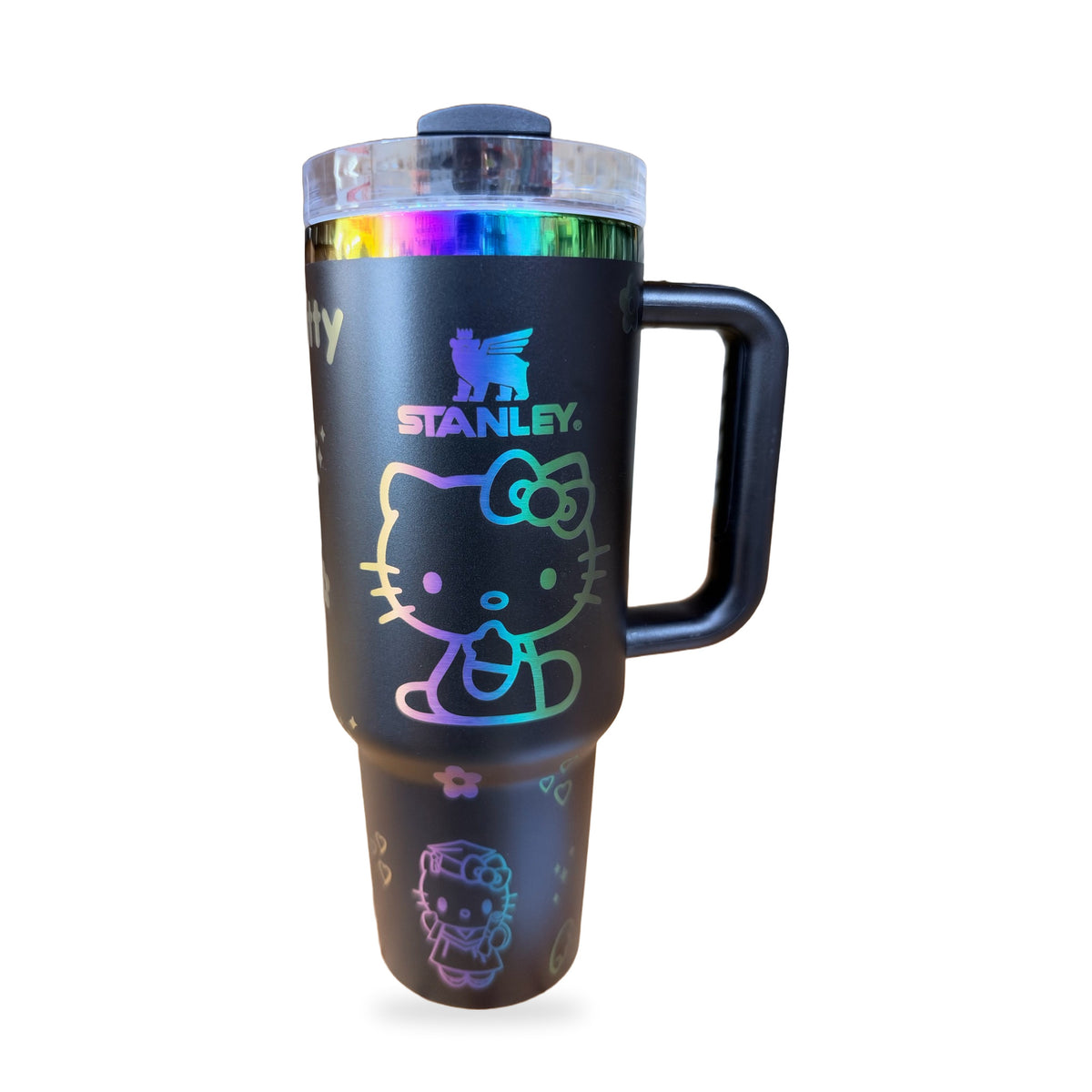 Stanley 40 oz Quencher H2.0 FlowState Tumbler — Black Iridescent Hello Kitty