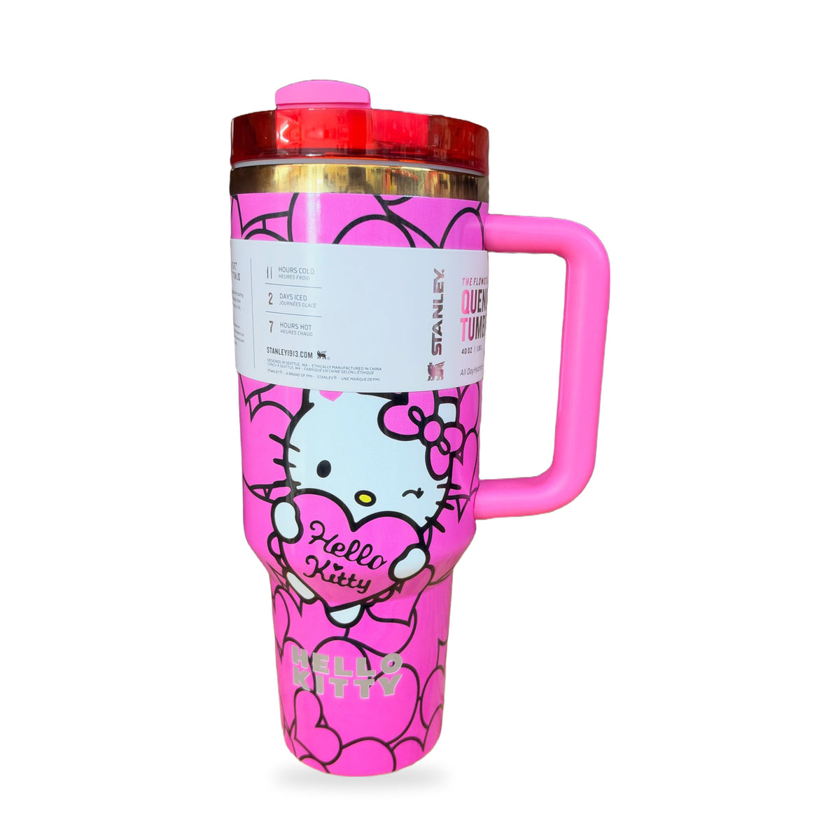 Stanley 40 oz Quencher H2.0 FlowState Tumbler — Hot Pink Hello Kitty Hearts