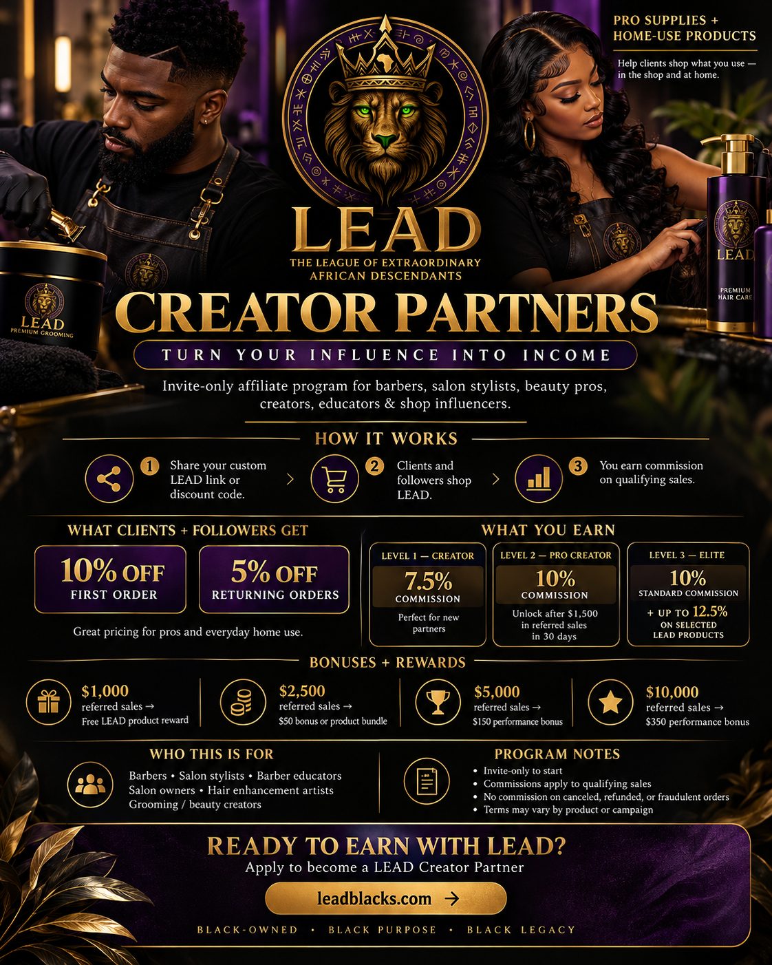 LEAD Creator Partners flyer: a barber and a salon stylist with LEAD products under the LEAD lion crest, headline Turn Your Influence Into Income, summarizing how the affiliate program works, client discounts, commission levels and bonuses.